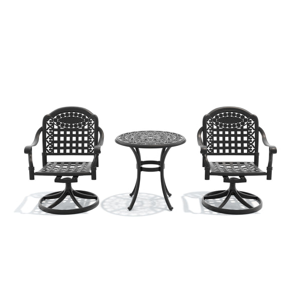 English Elm 3-piece Ornate Cast Aluminum Outdoor Bistro Set with Swivel Chairs and Round Patio Table W1710S00680