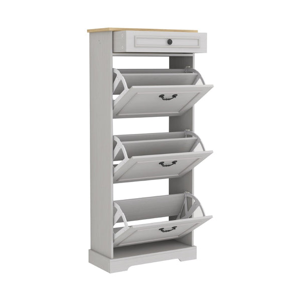 English Elm Shoe Storage Cabinet - Slim Freestanding Organizer With 1 Drawer, 3 Flip Drawers & Adjustable Shelf W1120P290634-GIGA