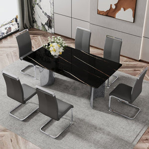 English Elm Table & 6 Dark Gray Pu Chairs Set - Modern Glass Top With Marble Pattern & Stainless Steel Legs W1151S02610-GIGA