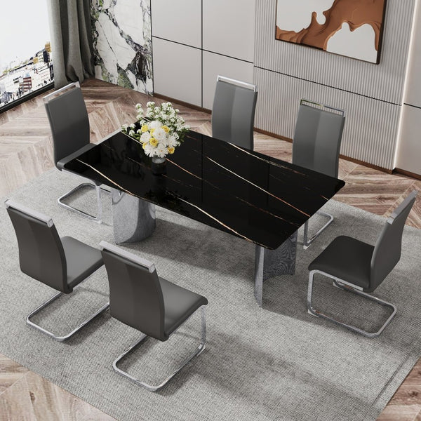 English Elm Table & 6 Dark Gray Pu Chairs Set - Modern Glass Top With Marble Pattern & Stainless Steel Legs W1151S02610-GIGA