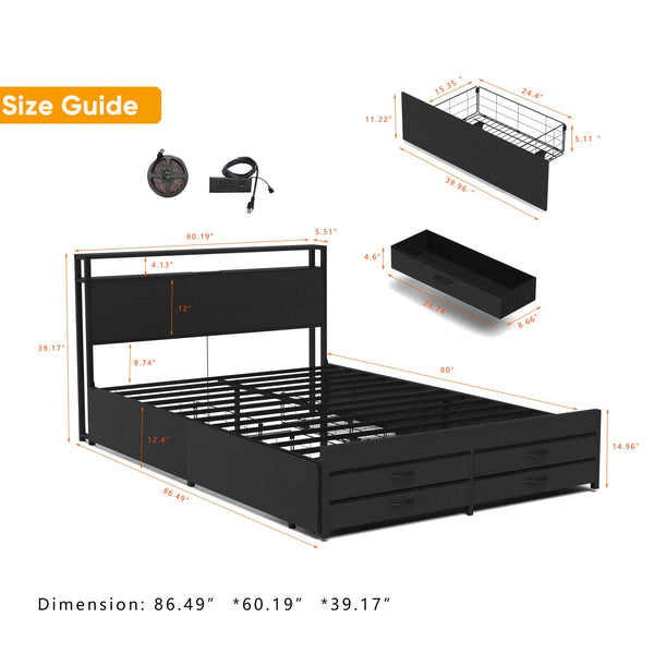 English Elm Queen Storage Bed Frame with 8 Drawers, LED Headboard, USB Charging, Metal Platform, Noise-Free Design W2129P369350