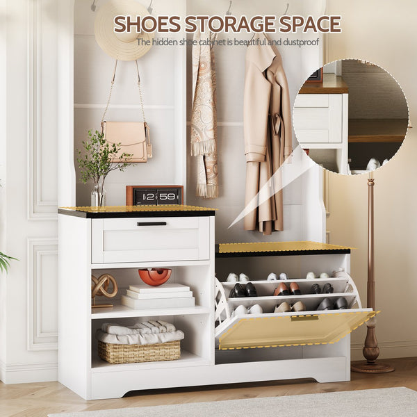 English Elm Hall Tree Entryway Organizer with Bench Seat Shoe Cabinet and Coat Hooks Mdf Farmhouse White+Black T5618P448219