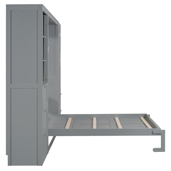 English Elm Queen Murphy Wall Bed with Wardrobe Drawers and Shelves for Studio or Guest Room Gray LP000865AAE-1