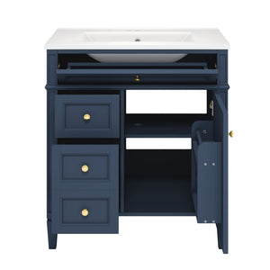 English Elm 30'' Modern Bathroom Vanity with Integrated Mirror Cabinet, Ceramic Sink, 3 Drawers & Ample Storage Blue SW000126AAC-1