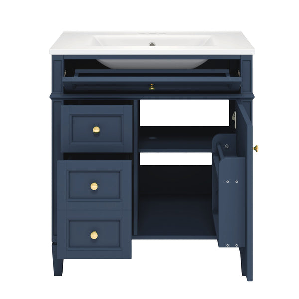 English Elm 30'' Modern Bathroom Vanity with Integrated Mirror Cabinet, Ceramic Sink, 3 Drawers & Ample Storage Blue SW000126AAC-1