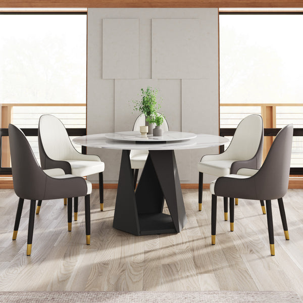 English Elm 53" Round Marble Dining Table With Iron Base, Seats 6 With Lazy Susan, Elegant White Finish W1535S00399