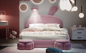 English Elm Full Full Size Upholstered Platform Bed with Cute Cartoon Ear Headboard, LED Light, Pink Velvet Cozy Retreat N709P195300H