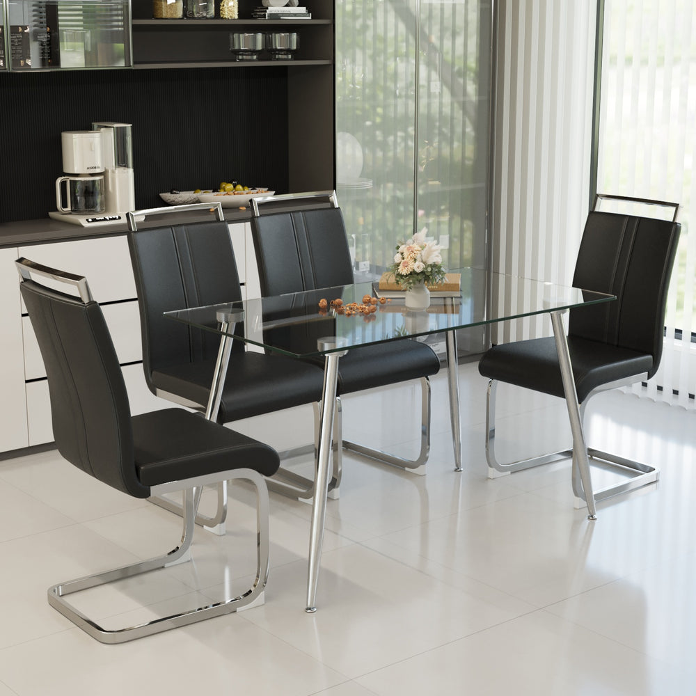 English Elm 51 Inch Tempered Glass Dining Set for Four with Chrome Legs and Pu Leather Chairs W2189S00916