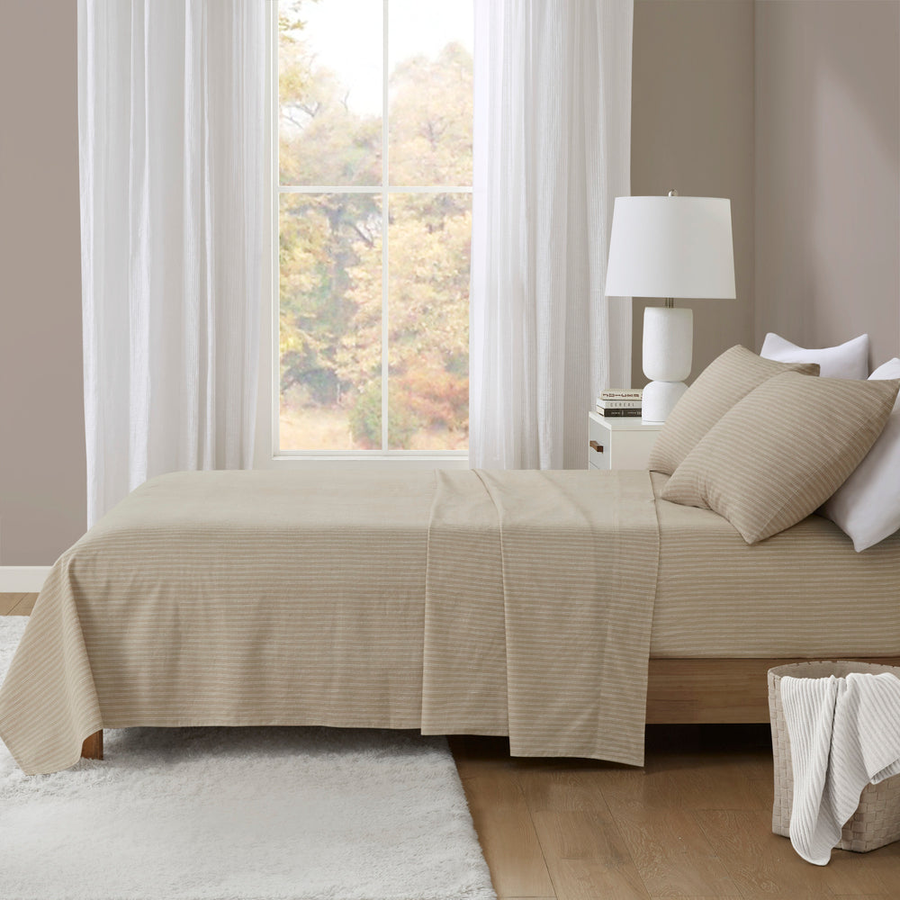 JLA Home True North by Sleep Philosophy - 100% Cotton Flannel Sheet Set — Brushed 160gsm Softness, Warm Beige & White Stripes for Cozy Nights TN20-0601