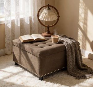 English Elm Storage Ottoman Tufted Nailhead Trim Lift Top Footstool for Living Room or Bedroom Coffee W5568P447091
