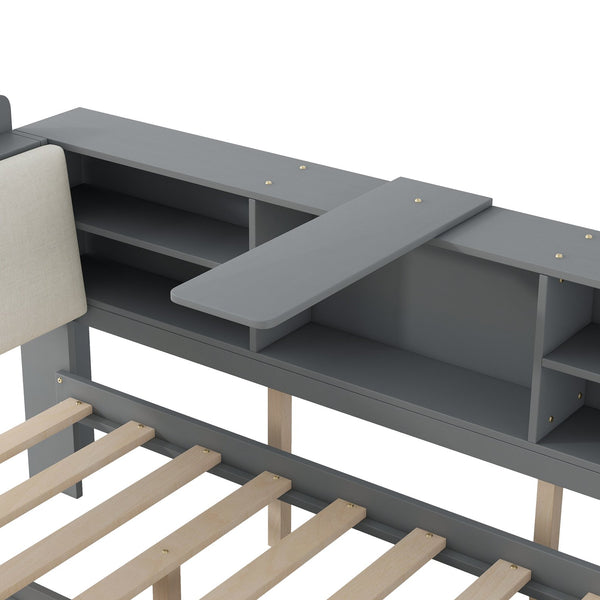 English Elm Wood Full Size platform bed with trundle, built-in storage headboard and shelves, sturdy pine frame Gray GX002055AAE