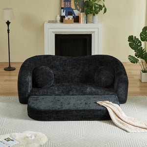 English Elm 86-inch Curved Chenille Convertible Sofa Recliner Frameless Folding Two-seater for Living Room Black W3505P452820