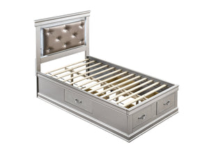 English Elm Lorana Glam Twin Storage Bed with Led Lighting and Tufted Faux Leather Headboard Silver B078S00686