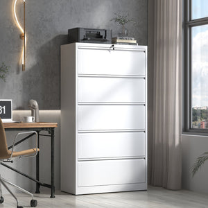 English Elm 5 Drawer Metal Lateral File Cabinet with Secure Locking System, Smooth Powder Coat, Quiet Ball-Bearing Slides for Heavy-Duty Legal and A4 Document Organization White T2398P182179