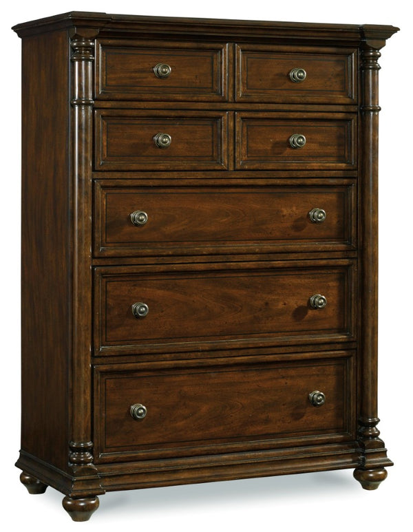 Hooker Furniture Leesburg Mahogany 5-Drawer Chest With Cedar-Lined Bottom, Felt-Top Drawers & Antique Brass Hardware 5381-90010
