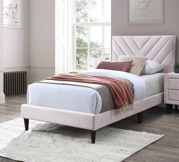 English Elm 1pc Twin Platform Bed Velvet Upholstered Adjustable Headboard V-stitch Blush Bedroom Light Pink B011P415213