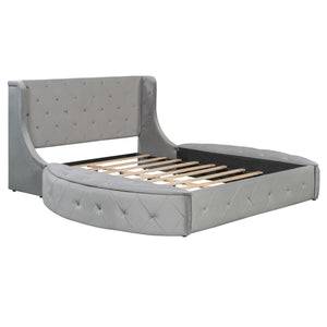 English Elm Upholstered Queen Platform Bed Velvet Wingback Frame with Storage Drawer and Side Stools Gray LP200815AAE