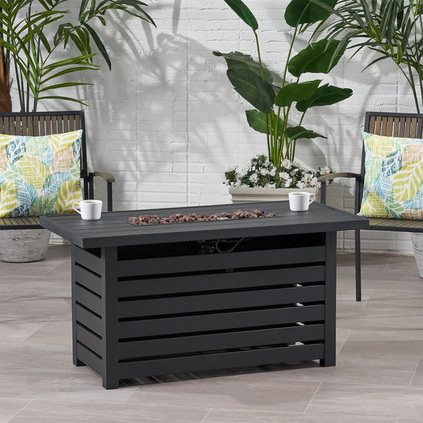 English Elm Rectangular Iron Propane Fire Table with Hidden Tank Storage and 30000 Btu Output 66597.00BLK-30K
