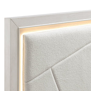 English Elm Antique White Oak Queen Bed Ivory Chenille Headboard Led Glow Geometric Modern B011S01615