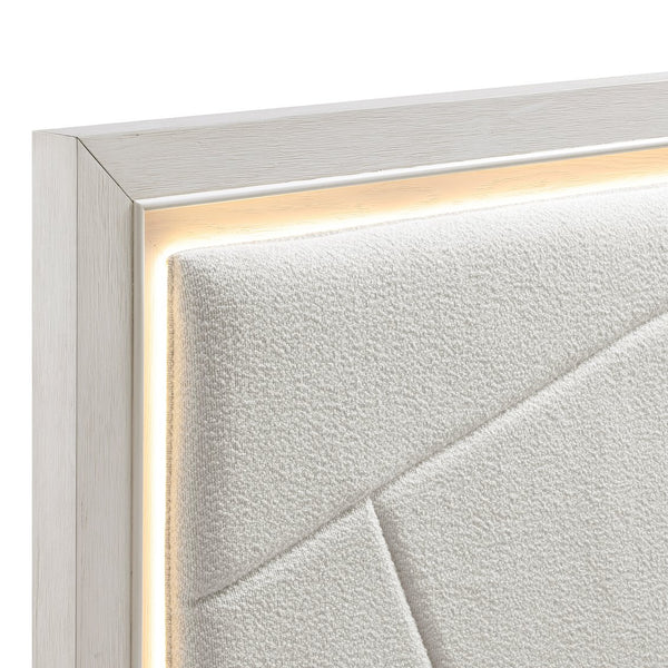 English Elm Antique White Oak Queen Bed Ivory Chenille Headboard Led Glow Geometric Modern B011S01615