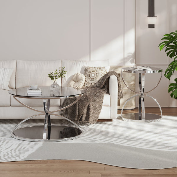 English Elm Modern Chrome Ring Frame Round Glass Coffee Table Set Two Tiers for Living Room W757S00056
