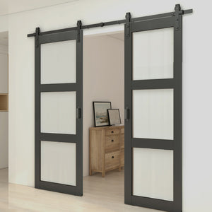 English Elm 30 in Matte Black Steel Sliding Barn Door Frosted Glass Privacy Panel with Hardware B2763P483211