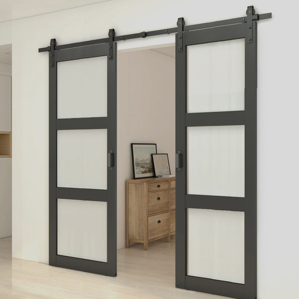 English Elm 30 in Matte Black Steel Sliding Barn Door Frosted Glass Privacy Panel with Hardware B2763P483211