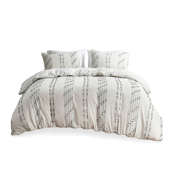English Elm King/Cal King Kara Cotton Jacquard Duvet Cover Set — OEKO-TEX Eco-Friendly Striped & Diamond Bedding, Button Closure, Tie Corners, Easy Care Ivory 11.81 L x 9.84 W x 6.3 H B03596506