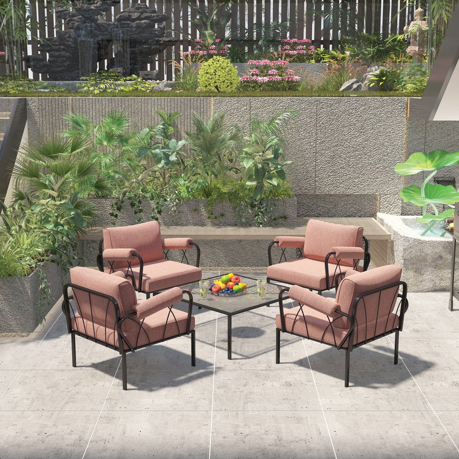 English Elm Rajni Pink Fabric Patio Set 4-Piece with Black Powder-Coat Metal Frame, Cushioned Seats, 220lb Capacity B2726S00415