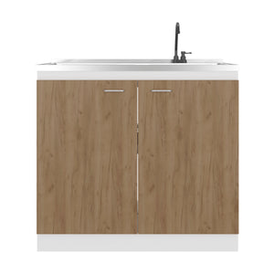 English Elm Zurich Freestanding Stainless Steel Utility Sink with Black Storage Cabinet for Garage Natural+White B200S00456