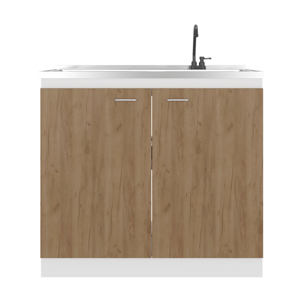 English Elm Zurich Freestanding Stainless Steel Utility Sink with Black Storage Cabinet for Garage Natural+White B200S00456