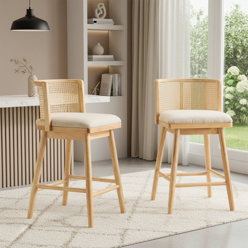 English Elm Talia Rubberwood Counter Stools with Rattan Back Cushioned Seat Scandinavian Set of 2 N775P369555N