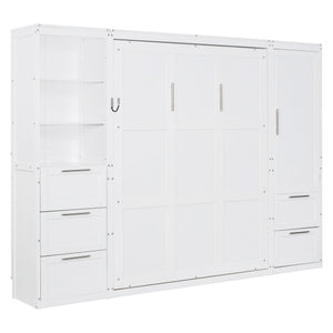 English Elm Queen Murphy Wall Bed with Wardrobe Drawers and Shelves for Studio or Guest Room White LP000865AAK-2