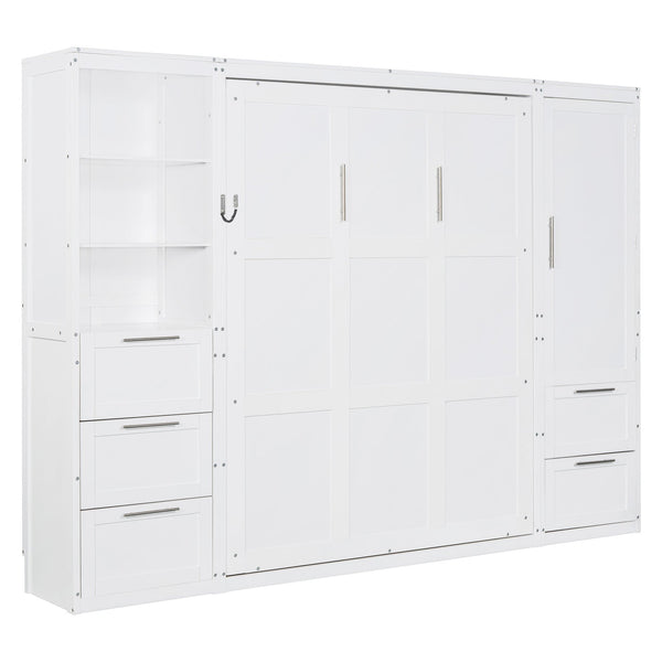 English Elm Queen Murphy Wall Bed with Wardrobe Drawers and Shelves for Studio or Guest Room White LP000865AAK-2