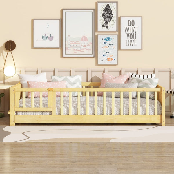 English Elm Twin Size Floor Bed With Book Rack & Fenced Door For Cozy Playtime, Natural Finish Design & Assembly W504P345771-GIGA