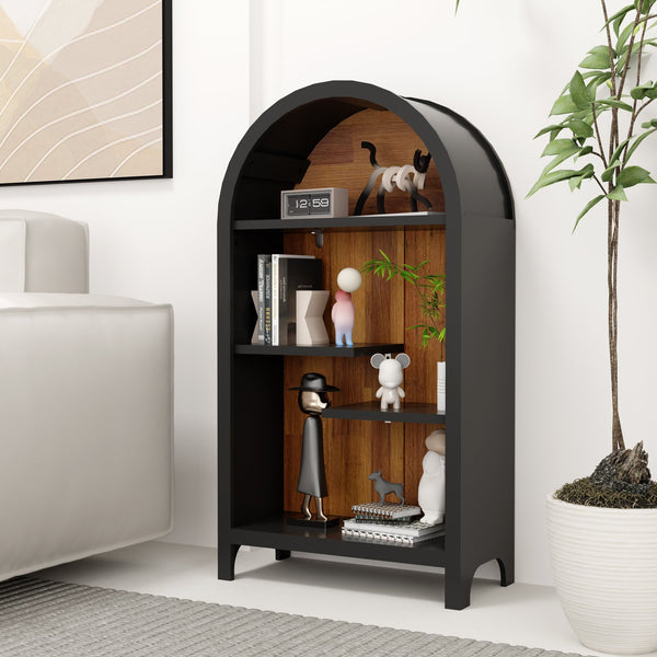 English Elm 4-tier Arched Freestanding Bookcase with Lattice Doors Open Display and Cabinet Storage W3123P485378