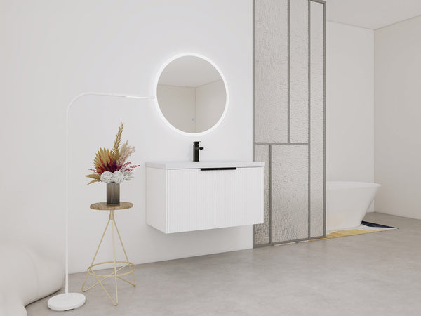 English Elm 36" Floating Bathroom Vanity with Resin Sink, Wavy Doors, Soft-Close Hinges & Durable Plywood Finish White W999P251811