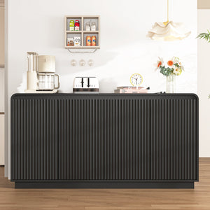 English Elm Black Fluted Wave Door Media Console with Built-in Power Outlet and Adjustable Shelving Black W409P452057