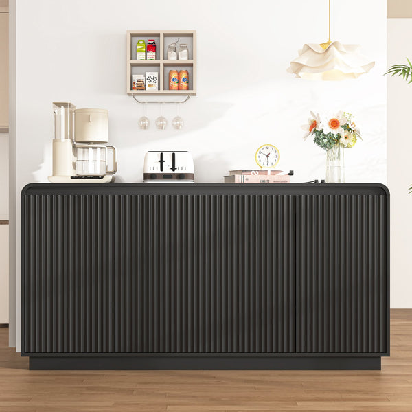 English Elm Black Fluted Wave Door Media Console with Built-in Power Outlet and Adjustable Shelving Black W409P452057