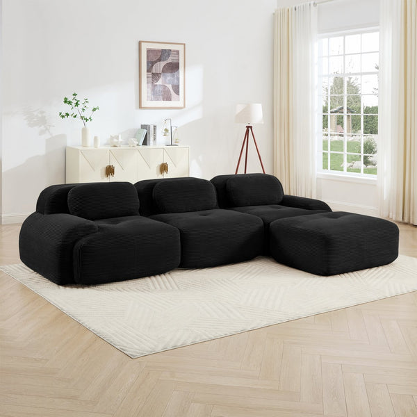 English Elm L-shaped Modular Corduroy Sectional Sofa Ergonomic Low Profile Living Room Seating Black W714S01276