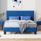 English Elm Simple Queen Size Upholstered Bed Frame With Rivet Design, Modern Velvet Platform Bed With Headboard, Blue