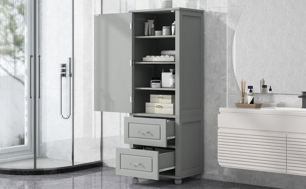 English Elm Tall Bathroom Storage Cabinet - Modern Grey Mdf Stand With Adjustable Shelf & 2 Drawers For Organization N725P241045E-GIGA