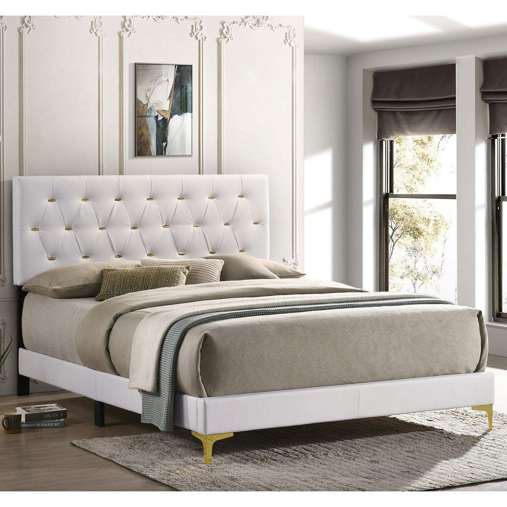 English Elm James White Glam Queen Bed with Tufted Tall Headboard, Gold Button Accents & White Leatherette Upholstery B062P378461