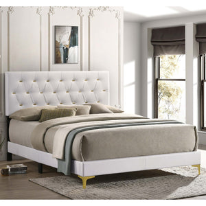 English Elm James White Glam Queen Bed with Tufted Tall Headboard, Gold Button Accents & White Leatherette Upholstery B062P378461