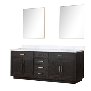 English Elm Black Oak Double Bath Vanity With Carrara Marble Top, 84" W, Soft-Close Doors & 36" Mirrors Included B2731S02146
