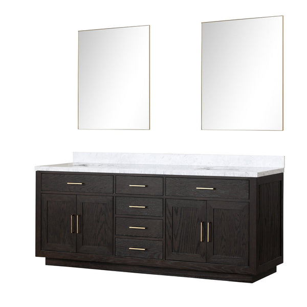 English Elm Black Oak Double Bath Vanity With Carrara Marble Top, 84" W, Soft-Close Doors & 36" Mirrors Included B2731S02146