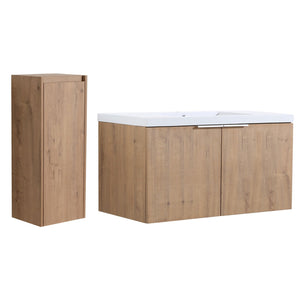 English Elm 36" Wall-Mounted Bathroom Vanity With Soft-Close Sink & Side Cabinet For Stylish Storage Solutions W999S00218