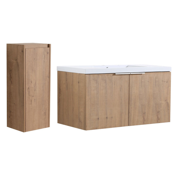 English Elm 36" Wall-Mounted Bathroom Vanity With Soft-Close Sink & Side Cabinet For Stylish Storage Solutions W999S00218