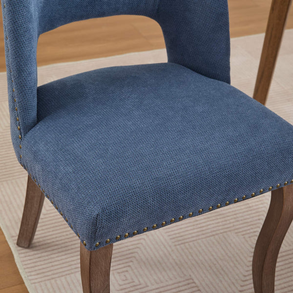 English Elm Wooden Modern Fabric Dining Chairs Set of 2 with Hollow-Out Back, Copper Nail Detail, Curved Legs Blue W1143P372914