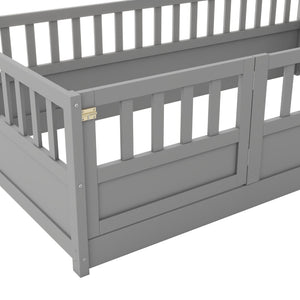 English Elm Twin Montessori Floor Bed Frame With High Security Barriers & Child-Friendly Door In Grey Finish W1858P164928-GIGA